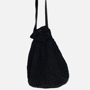 Vintage women’s  Black Crocheted Drawstring Bag - Vegan Leather Strap Crossbody